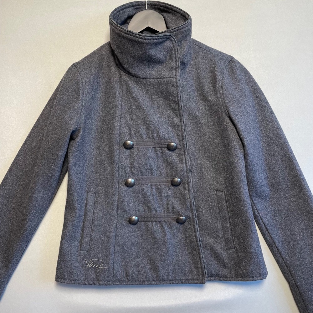 Vans Womens Double Breasted Peacoat Grey Wool Blend‎ Collared Wide Button Size M - Picture 2 of 10